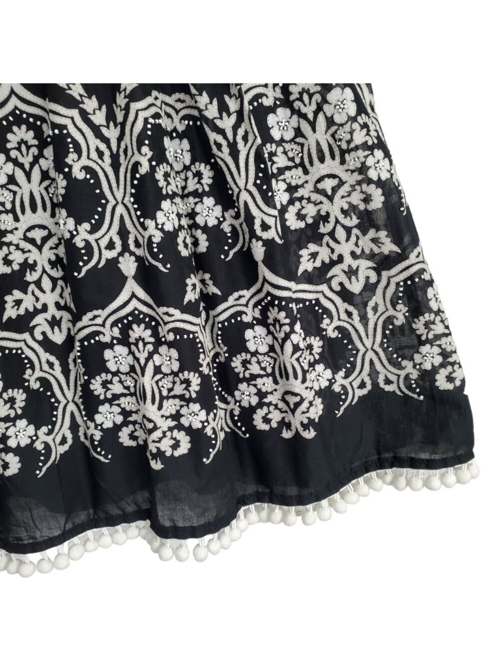 Loft NWT Size 12 Skirt Cotton Pleated A-line Beaded Pom Pom Hem Lined Midi Black - Picture 9 of 13